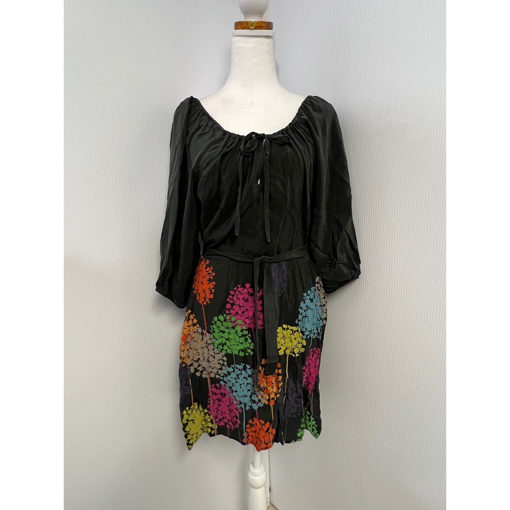 Petticoat Alley Lg Silk Dress Black Multicolor Floral Boho Peasant Style